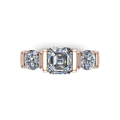Elianna square emerald three stone engagement ring in 14K Rose Gold, top-down view showing the three round diamonds held in vertical bar settings from above