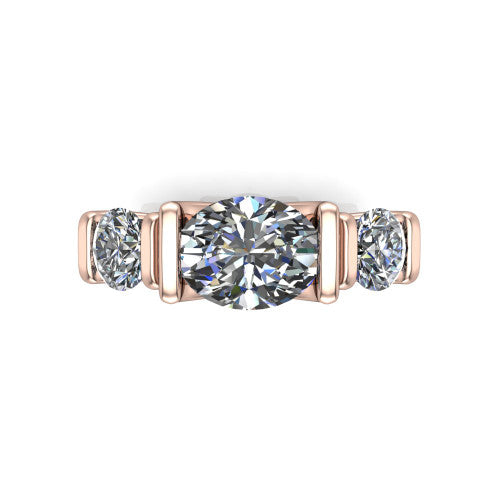 Elianna oval three stone engagement ring in 14K Rose Gold, top-down view showing the three round diamonds held in vertical bar settings from above