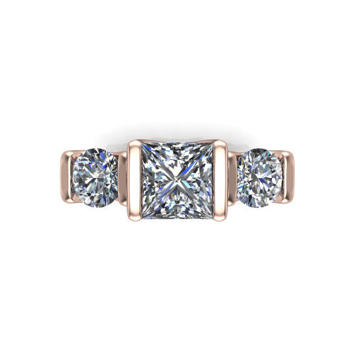 Elianna princess three stone engagement ring in 14K Rose Gold, top-down view showing the three round diamonds held in vertical bar settings from above