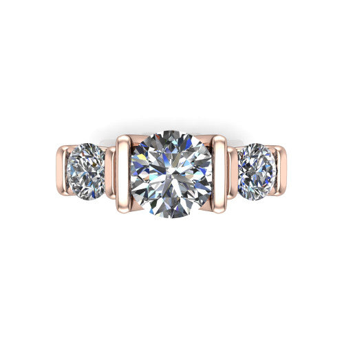 Elianna round three stone engagement ring in 14K Rose Gold, top-down view showing the three round diamonds held in vertical bar settings from above