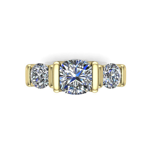 Elianna cushion three stone engagement ring in 18K Yellow Gold, top-down view showing the three round diamonds held in vertical bar settings from above