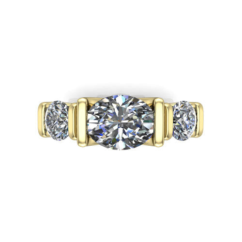 Elianna oval three stone engagement ring in 14K Yellow Gold, top-down view showing the three round diamonds held in vertical bar settings from above