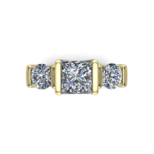 Elianna princess three stone engagement ring in 14K Yellow Gold, top-down view showing the three round diamonds held in vertical bar settings from above