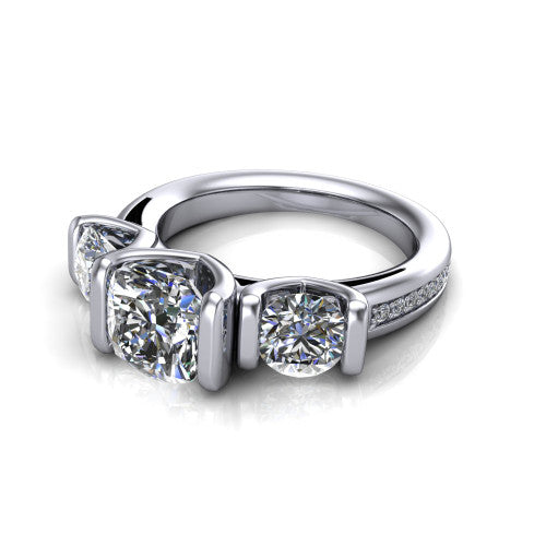 Fatima cushion three stone engagement ring in 14K White Gold, three-quarter perspective showing the round center between two round side stones in bar settings above a pav&eacute; band