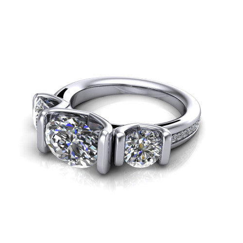 Fatima oval three stone engagement ring in 14K White Gold, three-quarter perspective showing the round center between two round side stones in bar settings above a pav&eacute; band