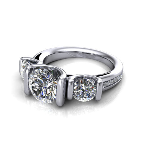 Fatima round three stone engagement ring in 18K White Gold, three-quarter perspective showing the round center between two round side stones in bar settings above a pav&eacute; band