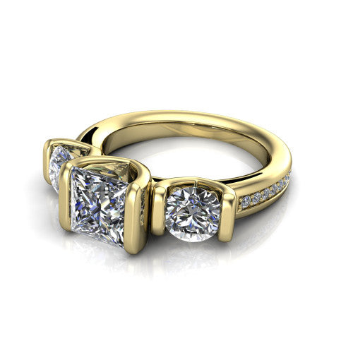 Fatima princess three stone engagement ring in 18K Yellow Gold, three-quarter perspective showing the round center between two round side stones in bar settings above a pav&eacute; band