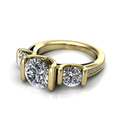 Fatima round three stone engagement ring in 18K Yellow Gold, three-quarter perspective showing the round center between two round side stones in bar settings above a pav&eacute; band