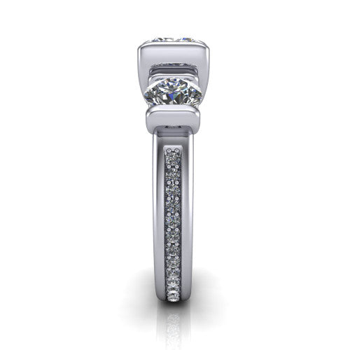 Fatima princess three stone engagement ring in 18K White Gold, side profile showing the pav&eacute; running down the band and the bar-set side stones in profile