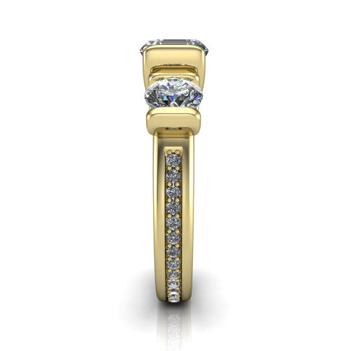 Fatima square emerald three stone engagement ring in 14K Yellow Gold, side profile showing the pav&eacute; running down the band and the bar-set side stones in profile