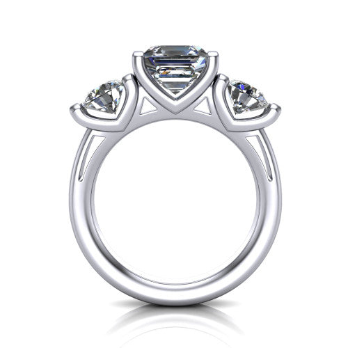 Fatima square emerald three stone engagement ring in Platinum, through-finger front profile showing the bar-set three-stone head raised above the pav&eacute; band