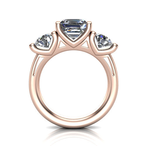 Fatima square emerald three stone engagement ring in 14K Rose Gold, through-finger front profile showing the bar-set three-stone head raised above the pav&eacute; band