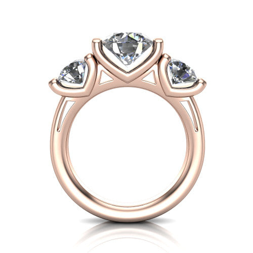 Fatima round three stone engagement ring in 18K Rose Gold, through-finger front profile showing the bar-set three-stone head raised above the pav&eacute; band