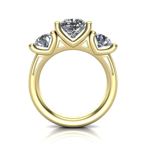 Fatima cushion three stone engagement ring in 18K Yellow Gold, through-finger front profile showing the bar-set three-stone head raised above the pav&eacute; band