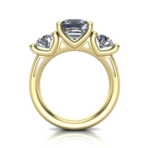 Fatima square emerald three stone engagement ring in 18K Yellow Gold, through-finger front profile showing the bar-set three-stone head raised above the pav&eacute; band