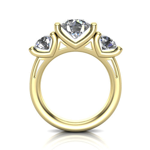Fatima round three stone engagement ring in 18K Yellow Gold, through-finger front profile showing the bar-set three-stone head raised above the pav&eacute; band
