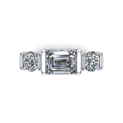 Fatima emerald three stone engagement ring in 14K White Gold, top-down view showing the three round diamonds held in vertical bar settings from above