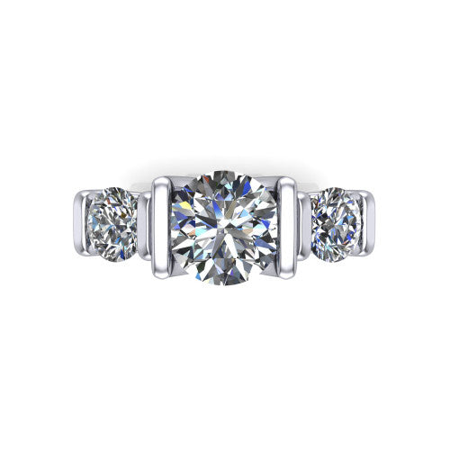 Fatima round three stone engagement ring in Platinum, top-down view showing the three round diamonds held in vertical bar settings from above