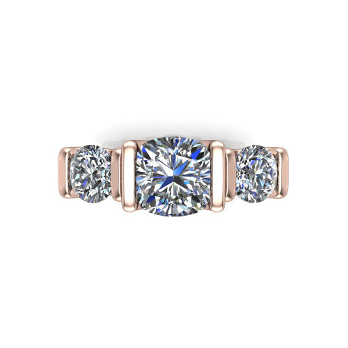 Fatima cushion three stone engagement ring in 18K Rose Gold, top-down view showing the three round diamonds held in vertical bar settings from above