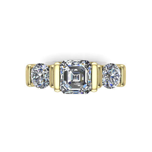 Fatima square emerald three stone engagement ring in 18K Yellow Gold, top-down view showing the three round diamonds held in vertical bar settings from above