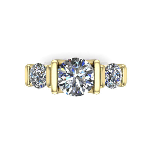 Fatima round three stone engagement ring in 18K Yellow Gold, top-down view showing the three round diamonds held in vertical bar settings from above