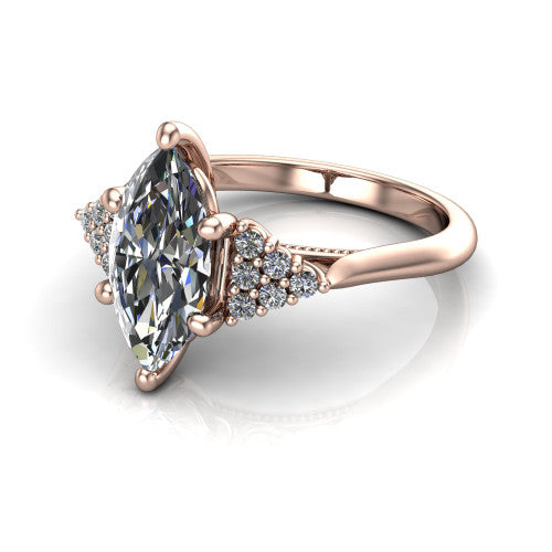 Raya marquise three stone engagement ring in 14K Rose Gold, three-quarter perspective showing the center stone flanked by a trio diamond cluster on each shoulder above a slim milgrain band