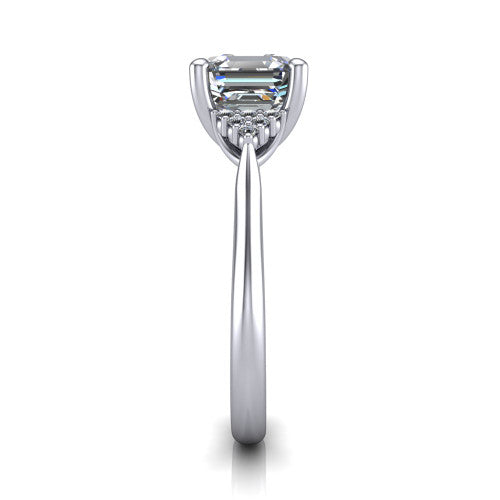Raya square emerald three stone engagement ring in 14K White Gold, side profile showing the slim milgrain cathedral band and the side clusters in profile
