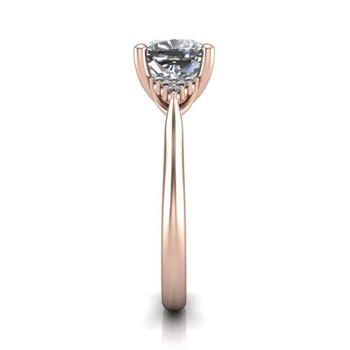Raya cushion three stone engagement ring in 14K Rose Gold, side profile showing the slim milgrain cathedral band and the side clusters in profile