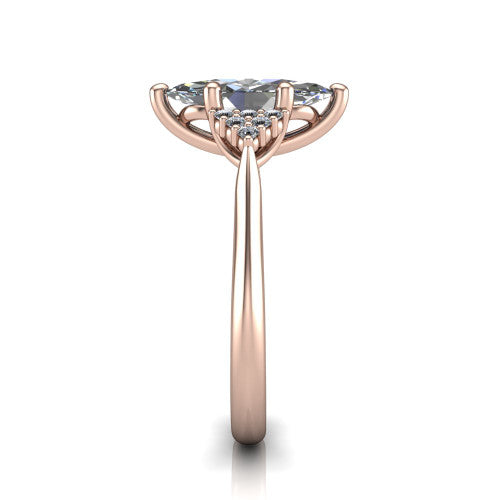 Raya marquise three stone engagement ring in 18K Rose Gold, side profile showing the slim milgrain cathedral band and the side clusters in profile