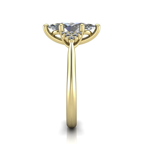 Raya marquise three stone engagement ring in 14K Yellow Gold, side profile showing the slim milgrain cathedral band and the side clusters in profile