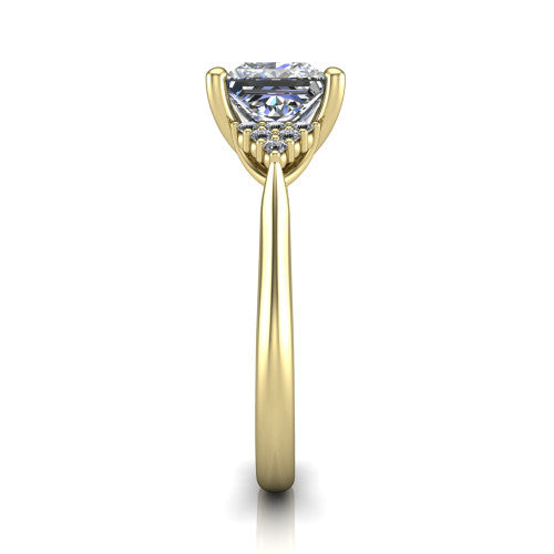 Raya princess three stone engagement ring in 14K Yellow Gold, side profile showing the slim milgrain cathedral band and the side clusters in profile