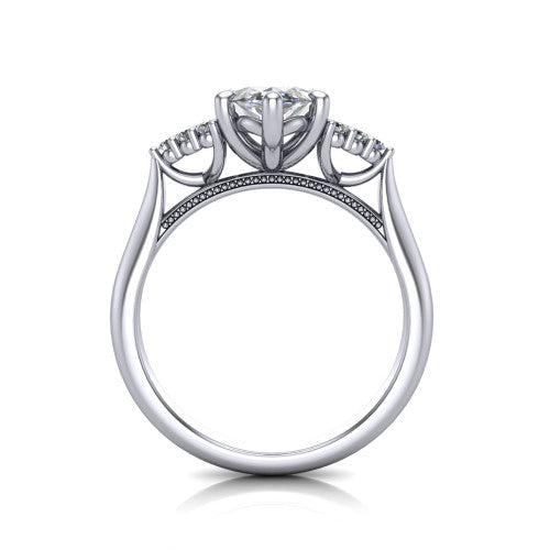 Raya marquise three stone engagement ring in 18K White Gold, through-finger front profile showing the four-prong center raised above the cathedral band with cluster shoulders