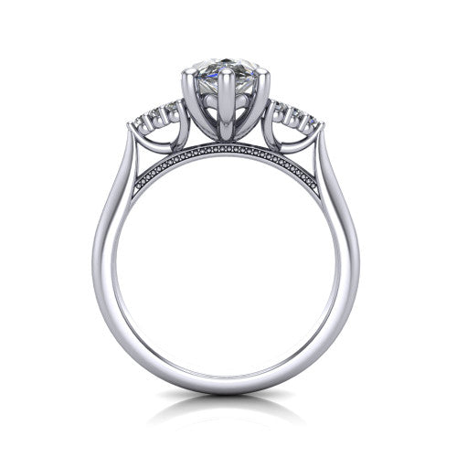 Raya pear three stone engagement ring in 14K White Gold, through-finger front profile showing the four-prong center raised above the cathedral band with cluster shoulders