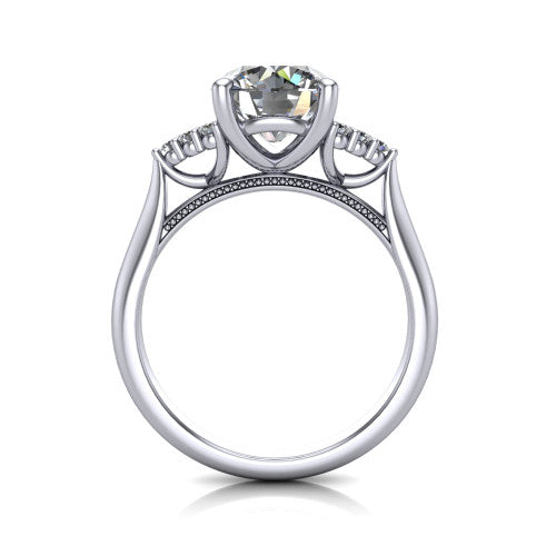 Raya round three stone engagement ring in 14K White Gold, through-finger front profile showing the four-prong center raised above the cathedral band with cluster shoulders