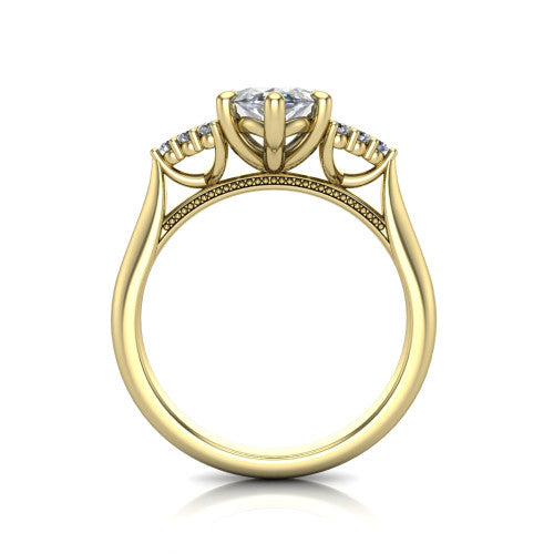 Raya marquise three stone engagement ring in 14K Yellow Gold, through-finger front profile showing the four-prong center raised above the cathedral band with cluster shoulders