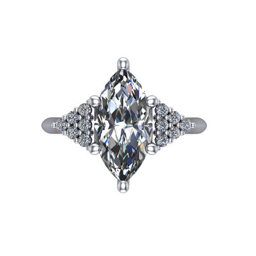 Raya marquise three stone engagement ring in 14K White Gold, top-down view showing the round center with graduated three-stone clusters to each side from above
