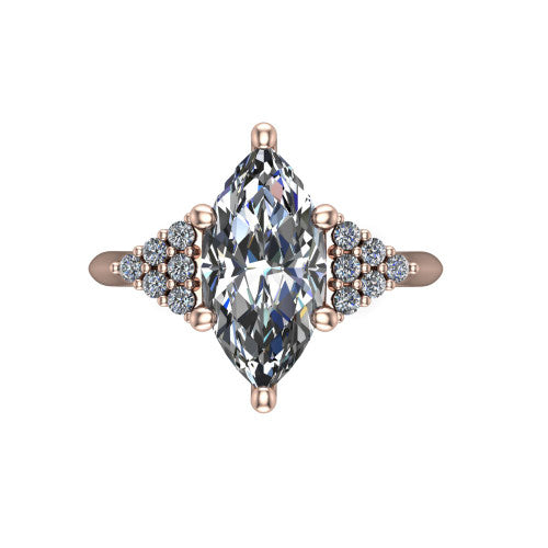 Raya marquise three stone engagement ring in 18K Rose Gold, top-down view showing the round center with graduated three-stone clusters to each side from above