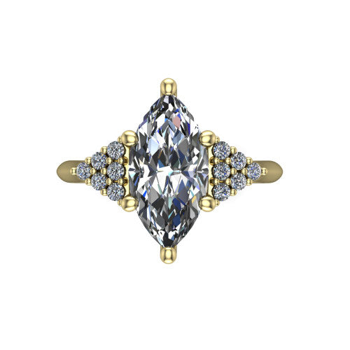 Raya marquise three stone engagement ring in 14K Yellow Gold, top-down view showing the round center with graduated three-stone clusters to each side from above