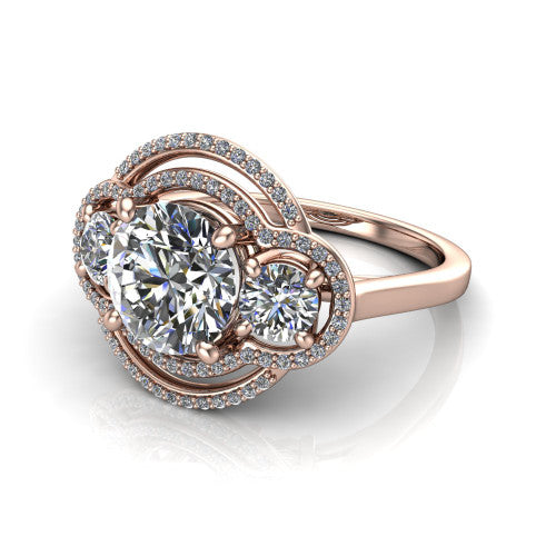 Elle round three stone halo engagement ring in 14K Rose Gold, three-quarter perspective showing the center stone flanked by two side stones in an interlocking double pav&eacute; halo above a tapered band