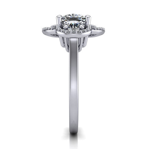 Elle cushion three stone halo engagement ring in Platinum, side profile showing the open undergallery and the pav&eacute; halo scrollwork in profile