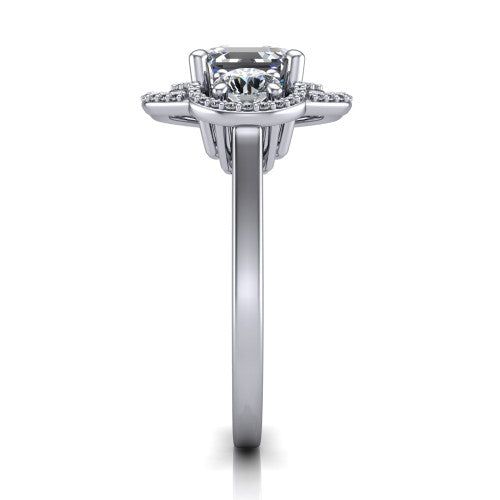 Elle square emerald three stone halo engagement ring in Platinum, side profile showing the open undergallery and the pav&eacute; halo scrollwork in profile