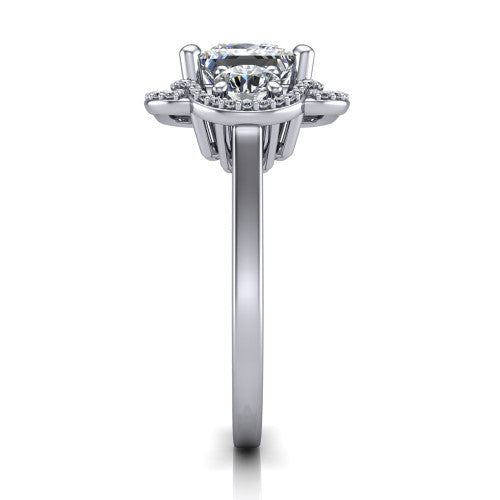 Elle princess three stone halo engagement ring in 14K White Gold, side profile showing the open undergallery and the pav&eacute; halo scrollwork in profile