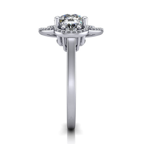 Elle round three stone halo engagement ring in 18K White Gold, side profile showing the open undergallery and the pav&eacute; halo scrollwork in profile