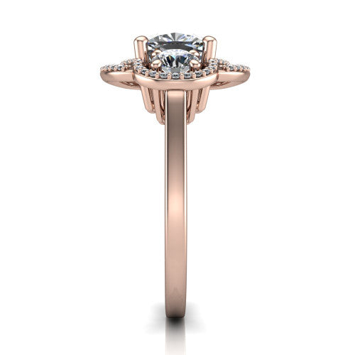 Elle cushion three stone halo engagement ring in 14K Rose Gold, side profile showing the open undergallery and the pav&eacute; halo scrollwork in profile