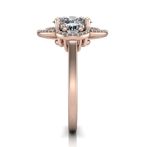 Elle oval three stone halo engagement ring in 14K Rose Gold, side profile showing the open undergallery and the pav&eacute; halo scrollwork in profile