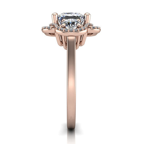 Elle princess three stone halo engagement ring in 14K Rose Gold, side profile showing the open undergallery and the pav&eacute; halo scrollwork in profile