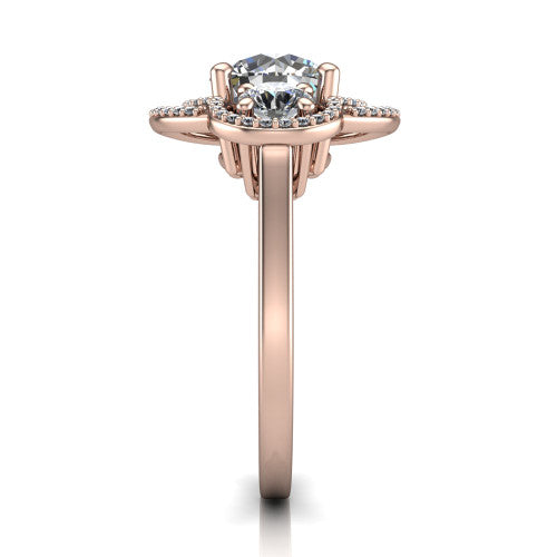 Elle round three stone halo engagement ring in 14K Rose Gold, side profile showing the open undergallery and the pav&eacute; halo scrollwork in profile