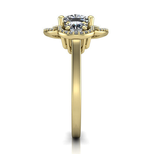 Elle cushion three stone halo engagement ring in 14K Yellow Gold, side profile showing the open undergallery and the pav&eacute; halo scrollwork in profile