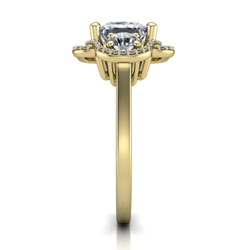 Elle princess three stone halo engagement ring in 18K Yellow Gold, side profile showing the open undergallery and the pav&eacute; halo scrollwork in profile