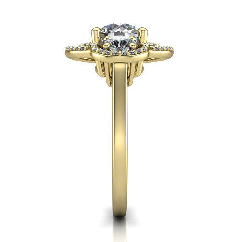 Elle round three stone halo engagement ring in 18K Yellow Gold, side profile showing the open undergallery and the pav&eacute; halo scrollwork in profile